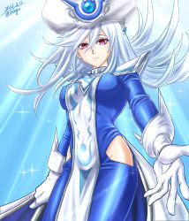 Rule 34 | 1girl, blue dress, breasts, dress, duel monster, gloves, hair between eyes, hat, highres, hip vent, large breasts, looking at viewer, outstretched hand, red eyes, silent magician, silver hair, smile, solo, staff, surcoat, tokiwaao, white gloves, wizard hat, yu-gi-oh!, yu-gi-oh! duel monsters