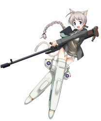 Rule 34 | 1girl, :d, aegis (nerocc), animal ears, blue eyes, blush, braid, brown hair, cat ears, cat tail, gun, highres, long hair, lynette bishop, military, military uniform, open mouth, panties, rifle, simple background, single braid, smile, sniper rifle, solo, strike witches, striker unit, sweater, tail, underwear, uniform, weapon, white background, white panties, world witches series