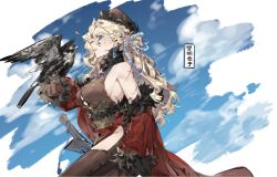 Rule 34 | 1girl, arm at side, bare shoulders, bird, blonde hair, blue eyes, blue sky, breasts, chinese text, clothing cutout, coat, cowboy shot, earrings, from side, fur hat, fur trim, han dynasty, hat, hawk, highres, jewelry, looking at viewer, modun chanyu, mole, mole under eye, oarfish (artist), off shoulder, original, outstretched arm, red coat, scar, sideboob, sky, solo, thigh cutout, walking