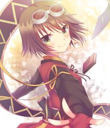 Rule 34 | 1girl, ayamisiro, black shirt, blush, book, brown hair, closed mouth, dress, eyebrows hidden by hair, fingerless gloves, from side, gloves, goggles, goggles on head, green eyes, hair between eyes, highres, long sleeves, looking at viewer, looking to the side, outstretched arms, red dress, red gloves, rita mordio, shirt, short hair, sleeveless, sleeveless dress, smile, solo, tales of (series), tales of vesperia