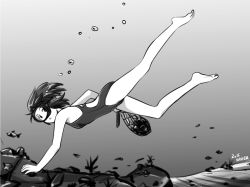 Rule 34 | 1girl, :&lt;, air bubble, bare legs, barefoot, breath, bubble, coral, diving, diving mask, fish, freediving, goggles, greyscale, holding breath, monochrome, net, one-piece swimsuit, original, saver (artbysaver), short hair, sketch, solo, swimming, swimsuit, underwater