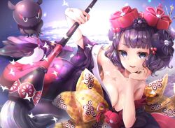 Rule 34 | 1girl, bare shoulders, breasts, calligraphy brush, cleavage, collarbone, fate/grand order, fate (series), flower, hair flower, hair ornament, hairpin, hane yuki, head rest, holding, holding paintbrush, japanese clothes, katsushika hokusai (fate), kimono, lying, obi, octopus, off shoulder, on side, open mouth, paintbrush, purple eyes, purple hair, purple kimono, sash, short hair, smile, tokitarou (fate)