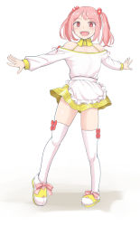 Rule 34 | 1girl, apron, full body, hair bobbles, hair ornament, kantai collection, mimofu (fullhighkick), miniskirt, off-shoulder shirt, off shoulder, official alternate costume, open mouth, outstretched arms, pink eyes, pink hair, sazanami (kancolle), shirt, sidelocks, skirt, smile, solo, thighhighs, twintails, waist apron, yellow skirt, zettai ryouiki
