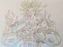 Rule 34 | 3boys, armor, artist request, broly (dragon ball z), carrying, dougi, dragon ball, dragonball z, gloves, grin, highres, laughing, legendary super saiyan, looking at another, multiple boys, muscular, parody, serious, size difference, smile, son goku, spiked hair, standing, super saiyan, sweat, translation request, upper body, vegeta