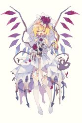 Rule 34 | 1girl, alternate costume, bare shoulders, blonde hair, blush, commentary, crystal, dress, closed eyes, facing viewer, fang, flandre scarlet, flower, full body, highres, holding, holding skull, hoop skirt, laevatein (tail), long hair, nikorashi-ka, open mouth, petals, side ponytail, simple background, skull, sleeveless, sleeveless dress, solo, tail, torn clothes, torn dress, touhou, veil, wedding dress, white dress, wings