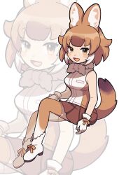 Rule 34 | 1girl, an-chan (ananna0315), animal ears, bare shoulders, blush, boots, bow, bowtie, brown hair, brown shirt, brown skirt, brown thighhighs, dhole (kemono friends), dog ears, dog girl, dog tail, full body, gloves, highres, kemono friends, light brown hair, looking at viewer, open mouth, pleated skirt, shirt, short hair, sidelocks, skirt, sleeveless, smile, solo, tail, thighhighs, two-tone thighhighs, white bow, white bowtie, white footwear, white gloves, white hair, white shirt, white thighhighs, yellow eyes, zettai ryouiki