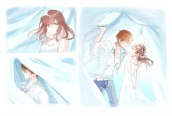 Rule 34 | 1boy, 1girl, :d, bare shoulders, belt, blue pants, brown hair, closed eyes, closed mouth, curtains, dress, green eyes, grin, h haluhalu415, highres, jacket, jewelry, key, long hair, luke pearce (tears of themis), multiple views, necklace, open mouth, pants, rosa (tears of themis), shirt, short hair, sleeveless, sleeveless dress, smile, sundress, tears of themis, teeth, white curtains, white dress, white jacket, white shirt