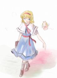 Rule 34 | 1girl, alice margatroid, belt, blonde hair, blue dress, blue eyes, book, boots, brown footwear, capelet, closed mouth, doll, dress, expressionless, female focus, full body, grimoire, grimoire of alice, hairband, knee boots, looking at viewer, necktie, ogu, red eyes, red necktie, shanghai doll, short hair, size difference, solo, touhou, walking