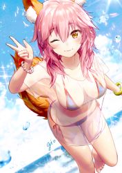 Rule 34 | 1girl, animal ear fluff, animal ears, barefoot, beach, bikini, bikini under clothes, bird, blue bikini, bracelet, breasts, cloud, collarbone, commentary request, day, fate/grand order, fate (series), feet, fox ears, fox tail, gio (maroon0924), hair between eyes, jewelry, large breasts, looking at viewer, one eye closed, outdoors, pink hair, see-through, shirt, short sleeves, side-tie bikini bottom, signature, sky, smile, solo, standing, standing on one leg, sunlight, swimsuit, swimsuit under clothes, tail, tamamo (fate), tamamo no mae (fate/extra), tamamo no mae (swimsuit lancer) (fate), tamamo no mae (swimsuit lancer) (second ascension) (fate), thighs, v, water, wet, wet clothes, wet hair, white shirt, yellow eyes