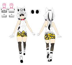 Rule 34 | 1girl, animal ears, animal hair ornament, animal print, ass, bare shoulders, black eyes, black hair, black thighhighs, boots, bow, bowtie, breasts, cane, character sheet, closed mouth, commentary, electricity, english commentary, from behind, gloves, gradient hair, hair between eyes, hat, highres, holding, holding cane, ivancyxic, large breasts, leopard print, looking at viewer, low ponytail, multicolored hair, multiple views, original, ponytail, print shorts, red bow, red bowtie, short eyebrows, short shorts, shorts, simple background, smile, solo focus, striped clothes, striped hair, striped vest, thighhighs, vest, white background, white footwear, white gloves, white hair, white headwear, white vest, zebra ears, zepprinss (ivancyxic)