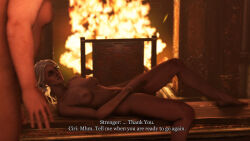 Rule 34 | 1boy, 1girl, 3d, age difference, baron phillip strenger, breasts, character name, ciri, closed mouth, completely nude, english text, fire, green eyes, indoors, lying, m1stermorden, medium breasts, nude, the witcher (series), the witcher 3, white hair