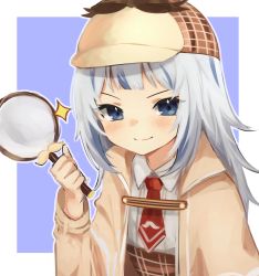 Rule 34 | 1girl, blue eyes, blue hair, brown capelet, brown skirt, capelet, closed mouth, collared shirt, commentary, cosplay, deerstalker, detective, gawr gura, grey hair, hat, high-waist skirt, highres, holding, holding magnifying glass, hololive, hololive english, klaius, long hair, long sleeves, looking at viewer, magnifying glass, multicolored hair, mustache print, necktie, plaid, plaid skirt, purple background, red necktie, shirt, sidelocks, skirt, smile, solo, sparkle, streaked hair, upper body, v-shaped eyebrows, virtual youtuber, watson amelia, watson amelia (1st costume), watson amelia (cosplay), white shirt