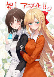 Rule 34 | 2girls, :o, apron, aqua eyes, arm hug, artist name, averting eyes, blonde hair, blush, bow, brown hair, casual, claire francois, drill hair, floral background, flower, from side, hair bow, half updo, highres, light frown, long hair, long sleeves, looking at another, maid, maid apron, multiple girls, open mouth, piripun, rae taylor, red bow, red eyes, short hair, signature, slime (creature), v-shaped eyebrows, very long hair, watashi no oshi wa akuyaku reijou, yuri