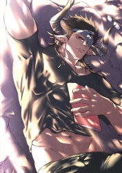 Rule 34 | 1boy, abs, abs peek, arm up, bara, black hair, dark skin, dark-skinned male, draph, earrings, eyepatch, granblue fantasy, highres, holding, horns, jewelry, large pectorals, light, looking at viewer, lying, male focus, manly, muscular, navel, on back, pants, pectorals, pillow, pointy ears, reinhardtzar, revealing clothes, shadow, short sleeves, solo, upper body, zanki