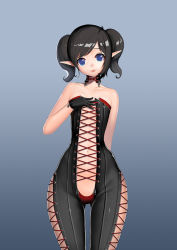 Rule 34 | 1girl, bare shoulders, black gloves, black hair, blue background, blue eyes, choker, clothing cutout, collarbone, cowboy shot, cross-laced clothes, cross-laced cutout, detached collar, flat chest, gloves, gluteal fold, hand on own chest, head tilt, looking at viewer, naco (manacool), navel, original, pointy ears, revealing clothes, short hair, side slit, simple background, solo, standing, stomach, thigh gap, twintails, two side up, wide hips