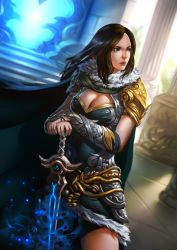 Rule 34 | 1girl, armor, armored dress, breasts, brown hair, cape, cleavage, cleavage cutout, clothing cutout, dutch angle, fantasy, faulds, highres, large breasts, lips, long hair, nose, original, planted sword, planted, portal (object), solo, sword, tommy suhartono, vambraces, weapon