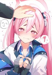 Rule 34 | + +, 1boy, 1girl, doodle sensei (blue archive), blue archive, blush, commentary request, fang, fingerless gloves, gloves, halo, hand on another&#039;s head, hetero, highres, index fingers together, koyuki (blue archive), looking at viewer, own hands together, pink hair, pov, pov hands, sensei (blue archive), simple background, skin fang, solo focus, spoken expression, spoken squiggle, spoken sweatdrop, squiggle, sweatdrop, twintails, white background, yashiro osa