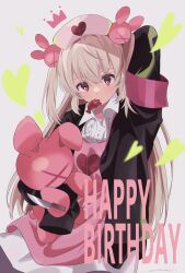 Rule 34 | &gt; &lt;, 1girl, apron, arm up, armband, black jacket, blonde hair, blush, center frills, closed mouth, collared dress, commentary request, crown, dress, frills, hair ornament, happy birthday, hat, heart, heart print, highres, holding, holding knife, holding stuffed toy, jacket, knife, long hair, long sleeves, looking at viewer, mouth hold, nagato you, natori sana, nurse cap, open clothes, open jacket, pink apron, pink hat, rabbit hair ornament, red armband, red eyes, sana channel, shrimp, solo, stuffed animal, stuffed rabbit, stuffed toy, two side up, virtual youtuber, white dress
