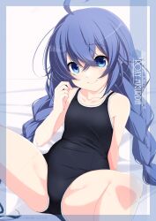 Rule 34 | 1girl, ahoge, artist name, black one-piece swimsuit, blue eyes, blue hair, braid, character name, crossed bangs, feet out of frame, highres, inaba shiki, long braid, long hair, looking at viewer, mushoku tensei, new school swimsuit, one-piece swimsuit, roxy migurdia, school swimsuit, smile, solo, spread legs, swimsuit, twin braids