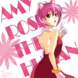 Rule 34 | 1girl, amy rose, animal ears, back, bad id, bad pixiv id, bracelet, character name, gloves, green eyes, jewelry, looking back, open mouth, personification, pink hair, sega, signature, skirt, solo, sonic (series), tenjou tsuki