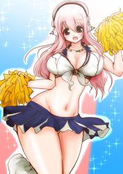 Rule 34 | 1girl, bad anatomy, bad id, blush, breasts, cheerleader, cleavage, curvy, daichihiroshi, headphones, large breasts, long hair, looking at viewer, midriff, navel, nitroplus, open mouth, pink eyes, pink hair, pom pom (cheerleading), smile, solo, super sonico, thick thighs, thighs, wide hips