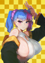 Rule 34 | 1girl, bare shoulders, blue eyes, blue hair, blue nails, blush, bow (bhp), bracelet, breasts, checkered background, cleavage cutout, closed mouth, clothing cutout, covered erect nipples, earrings, fingernails, hand up, heterochromia, huge breasts, jacket, jewelry, long sleeves, looking at viewer, mole, mole under eye, multicolored hair, nail polish, open clothes, open jacket, original, pink eyes, pink hair, sideboob, smile, solo, split-color hair, tank top, twintails, two-tone hair, upper body, v, white tank top, yellow background