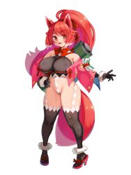 Rule 34 | 1girl, animal ears, breasts, covered erect nipples, covered navel, curvy, dairoku ryouhei, detached sleeves, fang, fox ears, fox girl, fox tail, full body, hand on own hip, high heels, high ponytail, large breasts, multicolored hair, official art, open mouth, photoshop (medium), pink hair, red eyes, red hair, revealing clothes, ryoji (nomura ryouji), sandals, scroll, see-through, shortstack, solo, standing, tail, thighhighs, transparent background, two-tone hair, white hair