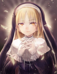 Rule 34 | 1girl, black background, blonde hair, capelet, closed mouth, eyelashes, falling feathers, feathers, gloves, habit, highres, long hair, long sleeves, nijisanji, nun, orange eyes, own hands clasped, own hands together, sister claire, solo, tomoichi, upper body, virtual youtuber, white capelet, white gloves