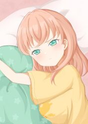Rule 34 | 1girl, aqua eyes, aqua pillow, ariria (nanayuri), breasts, closed mouth, commentary request, crossed bangs, glaring, hair down, highres, hinoshita kaho, hugging object, light blush, light frown, link! like! love live!, looking at viewer, love live!, lying, medium breasts, medium hair, on bed, on side, orange hair, pillow, shirt, short sleeves, solo, upper body, virtual youtuber, yellow shirt