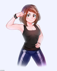 Rule 34 | 10s, 1girl, artist name, black tank top, blush, boku no hero academia, breasts, brown eyes, brown hair, cleavage, commentary, cropped legs, english commentary, eyebrows, flexing, hand on own hip, highres, mcdobo, medium breasts, pants, short hair, smile, solo, sweatpants, tank top, uraraka ochako, white background