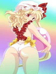 Rule 34 | 1girl, ass, bad id, bad pixiv id, ball, beachball, blonde hair, bow, flandre scarlet, hat, long hair, looking back, moyashi onna, moyasi onna, open mouth, red eyes, solo, swimsuit, touhou, wings