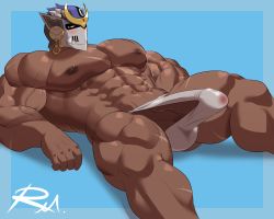 Rule 34 | 1boy, abs, bara, blush, bulge, dark-skinned male, dark skin, erection, erection under clothes, feet out of frame, fundoshi, helmet, highres, huge penis, japanese clothes, large pectorals, looking at viewer, lying, male focus, male swimwear, muscular, muscular male, navel, nipples, on back, pectorals, penis, penis peek, reclamon, scar, scar on chest, shiva (housamo), solo, stomach, thick thighs, thighs, tokyo houkago summoners, topless male, veins, veiny penis, wet clothes, wet fundoshi, white male swimwear