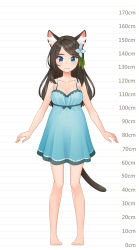 Rule 34 | 1girl, aina (mao lian), animal ear fluff, animal ears, arms at sides, bare arms, bare shoulders, barefoot, blue dress, blue eyes, breasts, brown hair, cat ears, cat tail, closed mouth, dress, full body, height chart, highres, long hair, looking at viewer, mao lian (nekokao), medium breasts, original, pigeon-toed, pregnant, smile, solo, standing, tail
