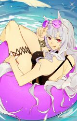 Rule 34 | 1girl, :d, absurdres, animal ears, black one-piece swimsuit, blunt bangs, eyewear on head, feet out of frame, from behind, gold ship (run revolt launcher) (umamusume), gold ship (umamusume), grey hair, highres, horse ears, horse girl, horse tail, jenshenya, legs, long hair, looking at viewer, official alternate costume, one-piece swimsuit, open mouth, pillbox hat, red eyes, smile, soaking feet, solo, sunglasses, swimsuit, tail, umamusume