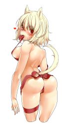 Rule 34 | 10s, 1girl, animal ears, ass, back, blonde hair, blush, breasts, cat ears, cat tail, cowboy shot, cropped legs, facial mark, final fantasy, final fantasy xiv, from behind, heart, highres, kochiya (gothope), looking at viewer, looking back, miqo&#039;te, mouth hold, naked ribbon, nude, red eyes, ribbon, short hair, solo, tail, thigh strap