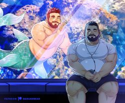Rule 34 | 2boys, aquarium, bad id, bad twitter id, bara, beard, belly, black hair, black shorts, blush, bulge, closed eyes, daisukebear, earphones, facial hair, fat, fat man, feet out of frame, fish tank, hand on glass, interspecies, large pectorals, listening to music, male focus, mature male, mermay 2023, multiple boys, muscular, muscular male, nude, orange hair, original, pectorals, reaching, shirt, short hair, shorts, sitting, smile, t-shirt, thick mustache, thick thighs, thighs, tight clothes, tight shirt, yaoi