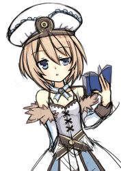 Rule 34 | 10s, 1girl, :o, bare shoulders, blanc (neptunia), blonde hair, blue eyes, book, brown hair, dress, female focus, flat chest, fur trim, hat, highres, jitome, meimu (infinity), neptune (series), open book, open mouth, raised eyebrow, reading, ribbon, short hair, sketch, solo, uneven eyes