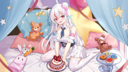 Rule 34 | 1girl, :d, bare shoulders, bed sheet, blush, bow, cake, commentary request, curtains, detached sleeves, double bun, doughnut, dress, fang, food, hair bow, hair bun, highres, long hair, looking at viewer, multicolored hair, no shoes, open mouth, original, pillow, pink bow, puffy short sleeves, puffy sleeves, red eyes, red hair, short sleeves, sitting, sleeveless, sleeveless dress, smile, soles, solo, star (symbol), star-shaped pillow, star print, streaked hair, stuffed animal, stuffed toy, teddy bear, thighhighs, tiered tray, very long hair, wariza, white dress, white hair, white sleeves, white thighhighs, zhongwu chahui
