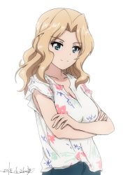 Rule 34 | 10s, 1girl, 2018, blue eyes, breasts, brown hair, bukkuri, cleavage, collarbone, crossed arms, dated, floral print, girls und panzer, kay (girls und panzer), long hair, medium breasts, print shirt, shirt, signature, simple background, sketch, smile, solo, upper body, white background, white shirt