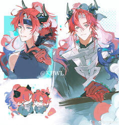 1boy absurdres aged_up aqua_eyes arknights black_headband black_horns blue_hair chibi chinese_commentary closed_mouth colored_extremities commentary_request covered_collarbone dragon eastern_dragon grey_horns hair_between_eyes hair_intakes headband highres horns kao_bian_weilai long_hair looking_at_viewer male_focus multicolored_hair multiple_views own_hands_together pointy_ears red_hair smile two-tone_hair watermark yu_(arknights)