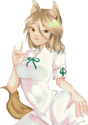 Rule 34 | 1girl, animal ears, artist request, blonde hair, breasts, covered navel, cowboy shot, eyelashes, finger touching, fox ears, fox girl, fox shadow puppet, fox tail, green ribbon, hand on own hip, highres, jumpsuit, kudamaki tsukasa, mandarin collar, medium breasts, onesie, open mouth, ribbon, romper, short hair, simple background, tail, test tube, touhou, white jumpsuit