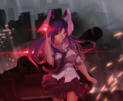 Rule 34 | 1girl, animal ears, blazer, breasts, cannon, jacket, large breasts, light purple hair, long hair, looking at viewer, military, military vehicle, motor vehicle, necktie, pleated skirt, pointing, purple hair, rabbit ears, red eyes, red necktie, reisen udongein inaba, shirt, skirt, solo, tank, tazoo (yuicc930), touhou, vehicle