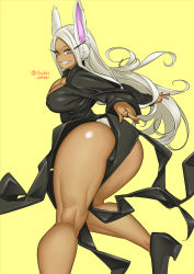 Rule 34 | 1girl, animal ears, armpits, arms up, ass, boku no hero academia, breasts, butt crack, cleavage, cosplay, dark-skinned female, dark skin, dress, highres, large breasts, long hair, looking at viewer, looking back, mirko, muscular, muscular female, no panties, red eyes, shosho oekaki, simple background, smile, solo, tatsumaki (cosplay), thick thighs, thighs, v-shaped eyebrows, white hair