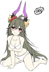 Rule 34 | &gt;:), 1girl, ahoge, arm support, arm under breasts, bad id, bad twitter id, bare arms, bare legs, bare shoulders, barefoot, blush, bra, breast hold, breasts, brown hair, cleavage, closed mouth, collarbone, commentary request, flower, granblue fantasy, hair flower, hair ornament, head tilt, highres, horns, inactive account, long hair, looking at viewer, medium breasts, navel, panties, red eyes, red flower, sakuraba hikaru (loveindog), signature, simple background, smile, solo, threo (granblue fantasy), underwear, underwear only, v-shaped eyebrows, very long hair, white background, white bra, white panties