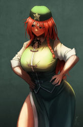Rule 34 | 1girl, beret, black ribbon, braid, breasts, collared shirt, green eyes, green skirt, green vest, hands on own hips, hat, hat ornament, highres, hong meiling, koyubi (littlefinger1988), large breasts, lips, long hair, neck ribbon, red hair, ribbon, shirt, side braid, simple background, skirt, sleeves rolled up, smile, solo, star (symbol), star hat ornament, thick thighs, thighs, touhou, twin braids, vest, white shirt, wide hips