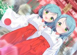 Rule 34 | 2girls, :d, aqua hair, bang dream!, blurry, blurry background, blush, braid, clenched hand, commentary request, dutch angle, flag print, frown, green eyes, hair ribbon, hakama, hakama skirt, highres, hikawa hina, hikawa sayo, japanese clothes, japanese flag, koh (user kpcu7748), long hair, long sleeves, looking at viewer, miko, multiple girls, open mouth, outdoors, red hakama, red ribbon, ribbon, short hair, shrine, siblings, side braids, sisters, skirt, smile, twins, wide sleeves