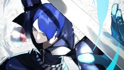 Rule 34 | 1boy, blue eyes, blue gloves, blue hair, btmr game, closed mouth, gloves, highres, holding, holding sword, holding weapon, katana, kitagawa yuusuke, long sleeves, male focus, persona, persona 5, popped collar, signature, solo, sword, weapon