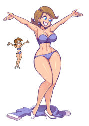 Rule 34 | 1girl, arms up, bathrobe, bikini, blue eyes, breasts, brown hair, cleavage, collarbone, comparison, curvy, earrings, grin, high heels, highres, jewelry, large breasts, mature female, navel, nickelodeon, purple bikini, purple robe, red lips, reference inset, robe, shoes, short hair, smile, standing, swimsuit, teeth, teresa turner, the fairly oddparents, thick thighs, thighs, white background, white footwear, wide hips, zeshgolden