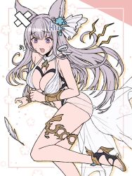 Rule 34 | 1girl, animal ears, bandaid, breasts, cleavage, commentary, dress, erune, feathers, floral background, flower, gold footwear, granblue fantasy, hair flower, hair ornament, high heels, highres, korwa, korwa (summer) (granblue fantasy), large breasts, ll 0109, long hair, open mouth, purple eyes, sandals, see-through, see-through skirt, showgirl skirt, silver hair, simple background, skirt, solo, sweatdrop, thighlet, thighs, vambraces, white background, white dress, white skirt