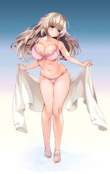 Rule 34 | 1girl, barefoot, blue background, blue eyes, bow, bow bra, bra, breasts, brown hair, cleavage, cowboy shot, frilled bra, frilled panties, frills, gradient background, head tilt, highres, holding, holding clothes, holding shirt, large breasts, leaning forward, legs, light brown hair, long hair, long sleeves, looking at viewer, navel, original, panties, parted lips, pink bra, pink panties, ruri rarako, shirt, skindentation, solo, standing, string panties, thighs, towel, underwear, underwear only, wading, water, white shirt, white towel